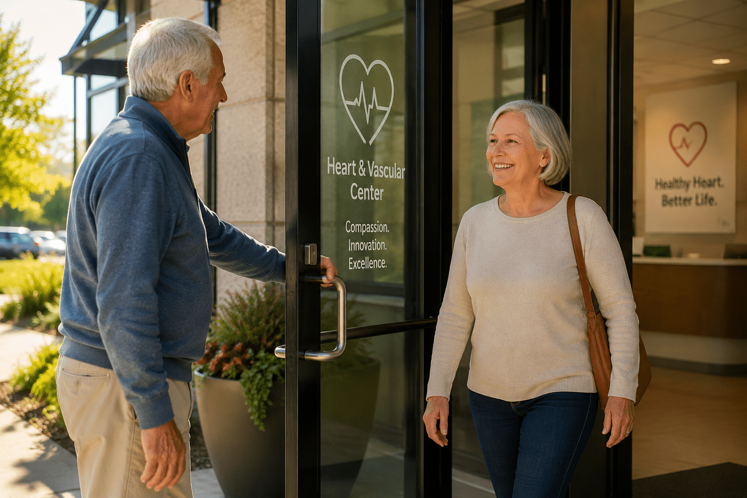 Two people sharing a simple act of kindness outside a medical building, illustrating how compassion can support heart health and emotional well-being.