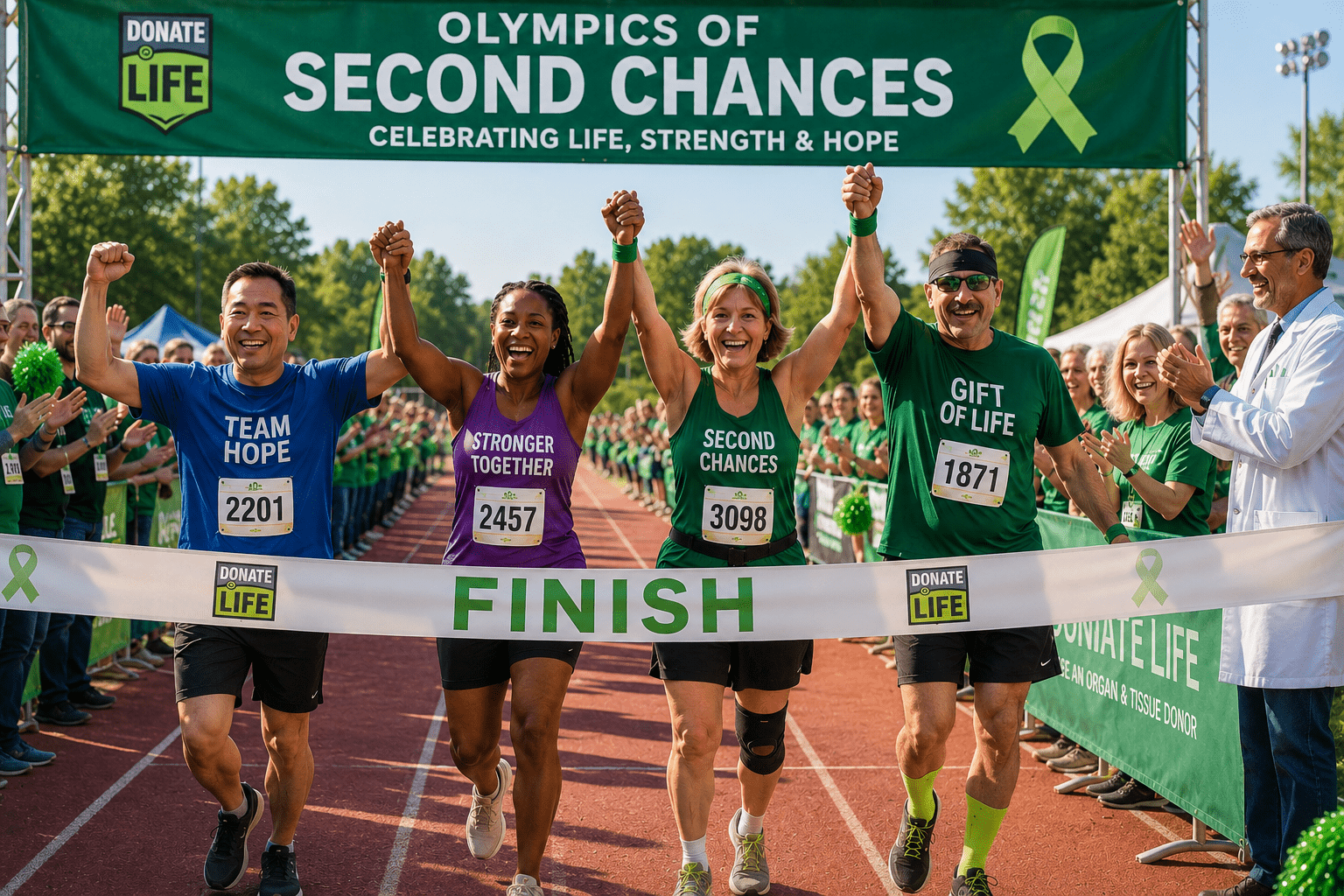 Organ transplant recipients celebrating together at the Transplant Games, highlighting the life-changing impact of organ donation and the gift of second chances.