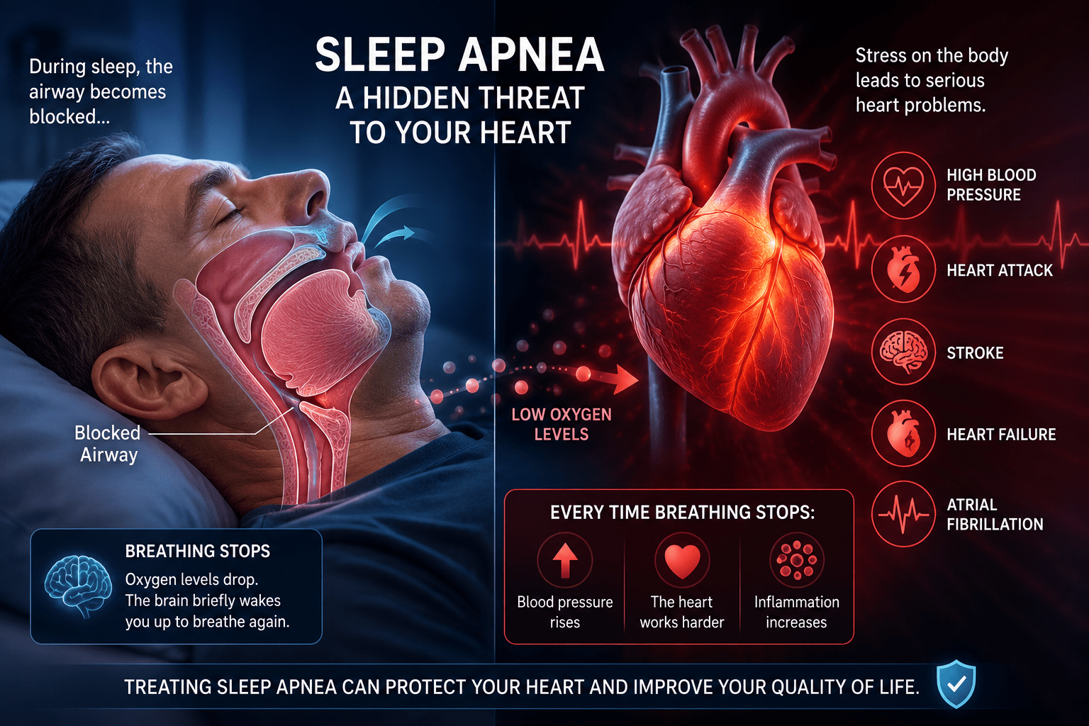 Illustration showing a blocked airway during sleep alongside a heart graphic, highlighting the connection between obstructive sleep apnea and cardiovascular disease.