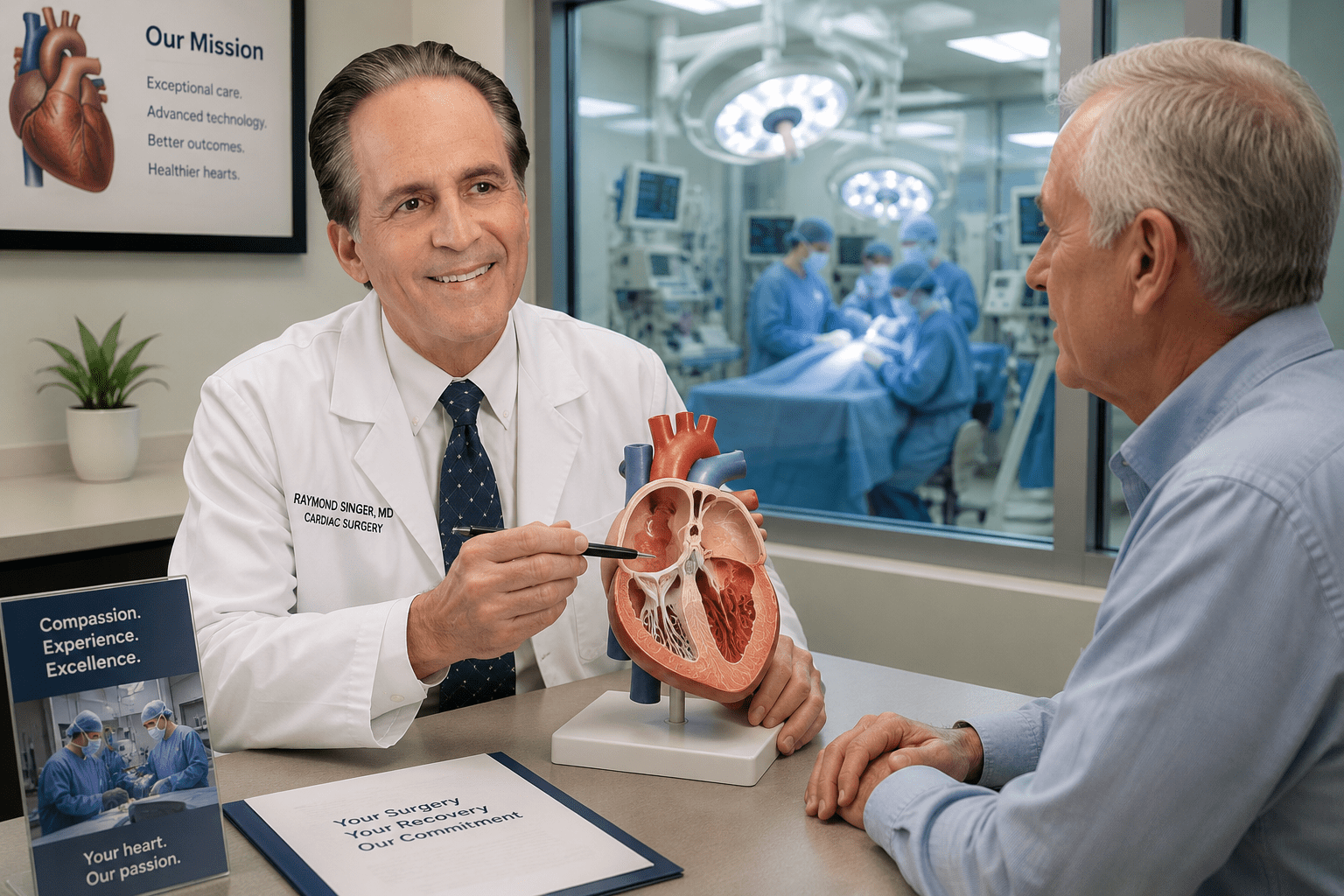 Cardiac surgeon explaining modern sternotomy techniques to a patient, illustrating advances in heart surgery that reduce pain and speed recovery.