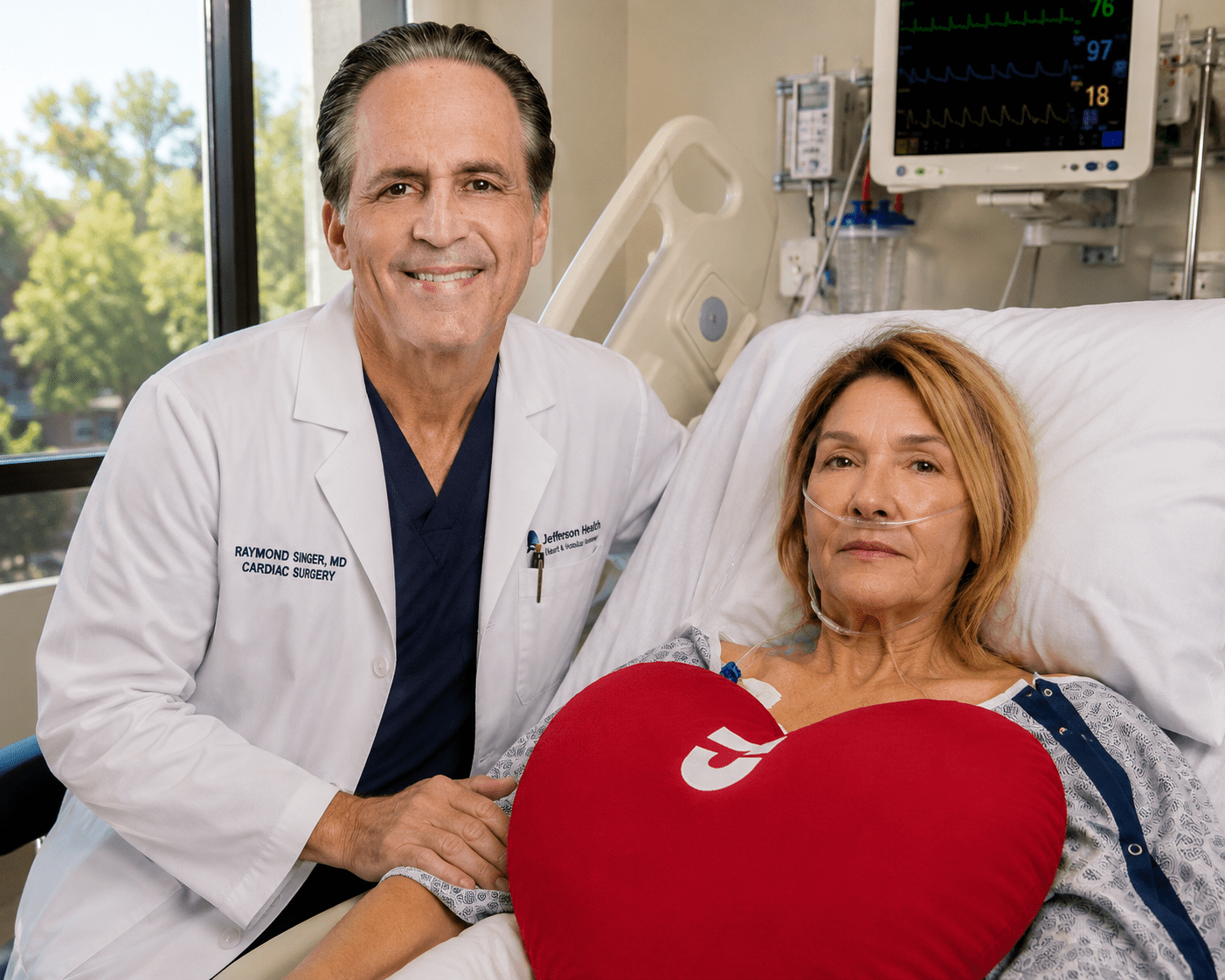 Dr. Raymond Singer speaking with a smiling patient shortly after successful open heart surgery to prevent another stroke following removal of benign growths from her aortic valve.