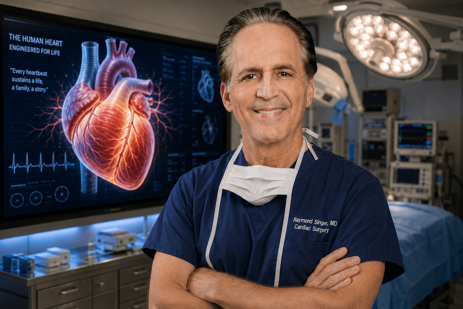 Cardiac surgeon holding a human heart in an operating room while reflecting on the complexity, beauty, and significance of human life.