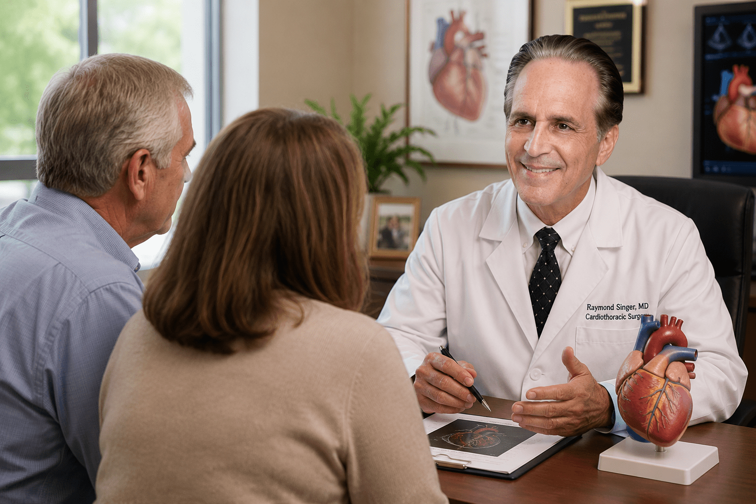 Dr. Raymond Singer sits with a patient and family member during a heart surgery consultation, emphasizing communication, compassion, and the patient experience throughout the cardiac care journey.