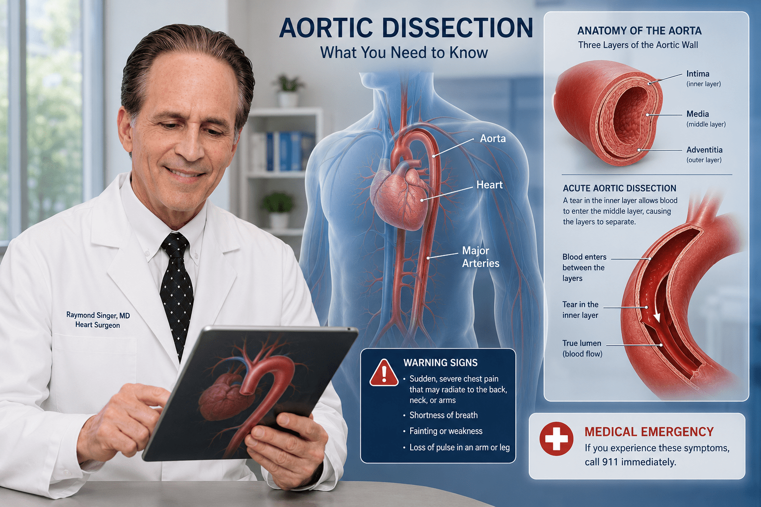 Dr. Raymond Singer explains an acute aortic dissection beside a medical illustration of the aorta showing the artery wall layers and the location of a life-threatening tear.