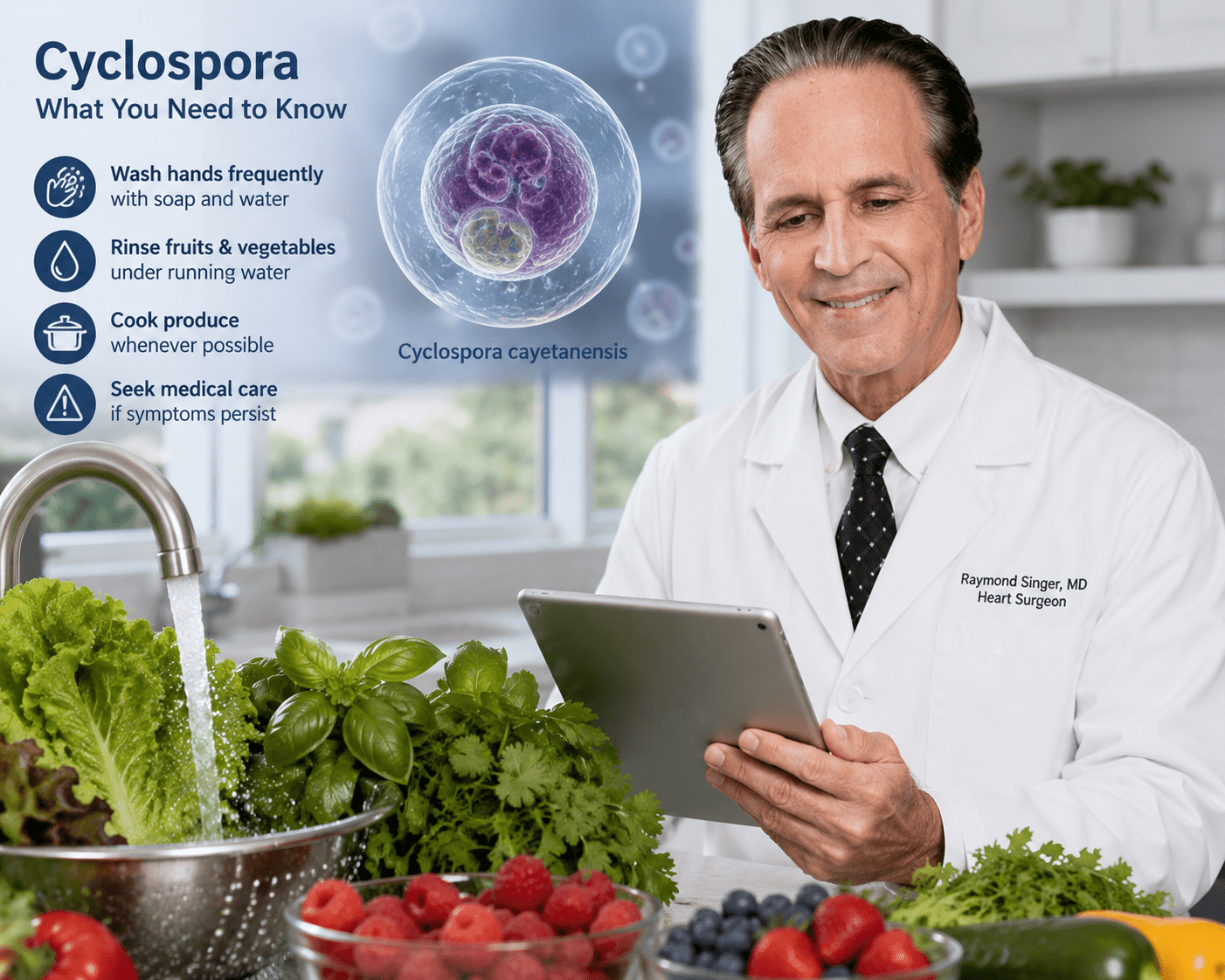 Doctor explaining Cyclospora foodborne illness while fresh fruits and vegetables are rinsed under running water to illustrate proper food safety and infection prevention.