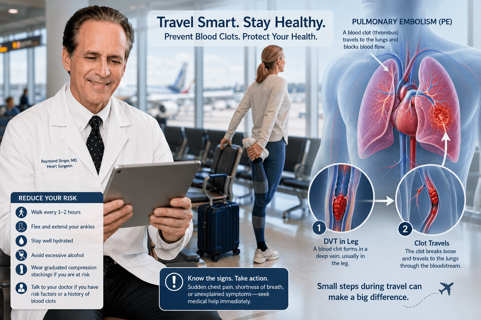 Dr. Raymond Singer explains pulmonary embolism and blood clot prevention while traveling, with an illustration showing a clot moving from the leg to the lungs and a traveler exercising during a long flight.